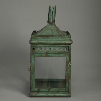 20th century regency style green painted tole square hanging lantern