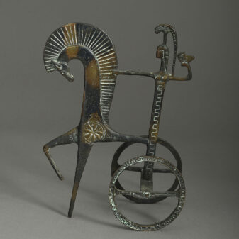 20th century bronze sculpture depicting a greek warrior with horse and chariot