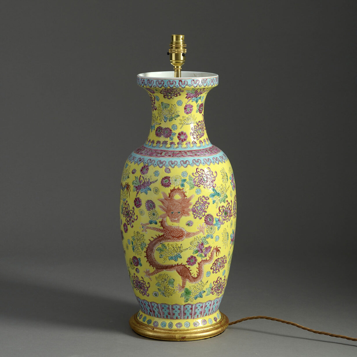 19th century yellow glazed porcelain vase lamp