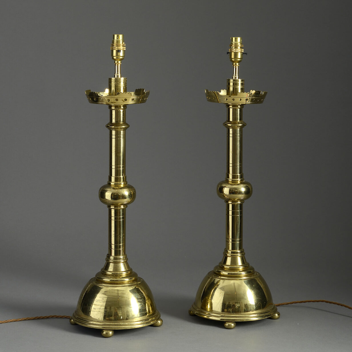 Pair of brass gothic lamps
