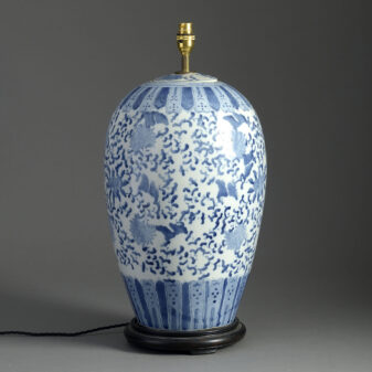 Large 19th century blue and white glazed porcelain jar lamp