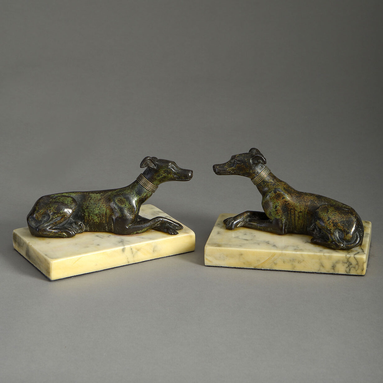 Pair of early 19th century empire period bronze whippet presse-papiers