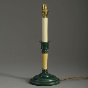 20th century cream & green painted turned wooden candlestick lamp base