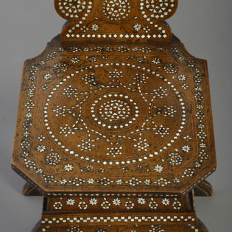 19th Century Pair of Geometric Bone Inlaid Walnut Sgabello Hall Chairs