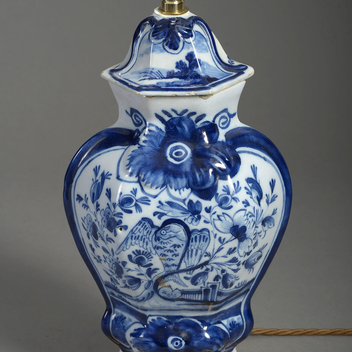19th century blue & white delft pottery vase lamp