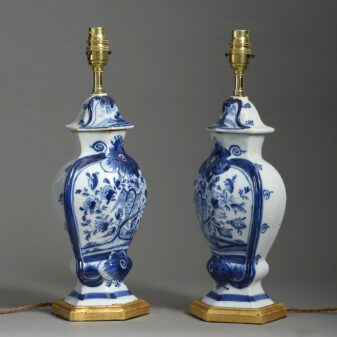 Pair of late 19th century blue and white delft pottery vase lamps