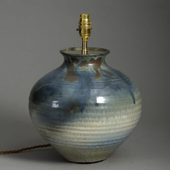 Bulbous blue pottery vase lamp