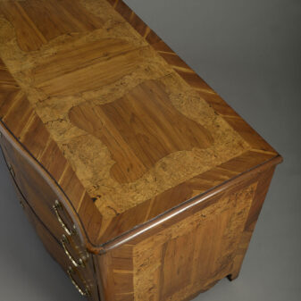Late 18th century burr elm and fruitwood parquetry serpentine commode