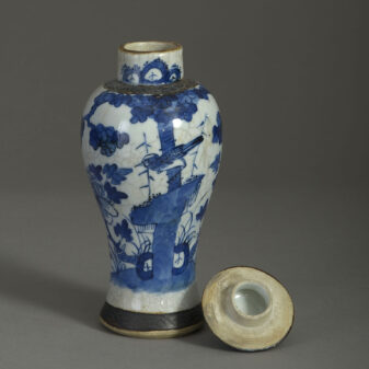 Blue and white crackleware vase and cover