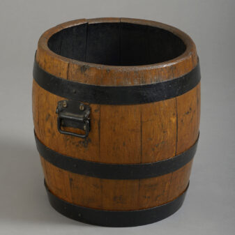 Late 19th century iron coopered oak barrel log bin