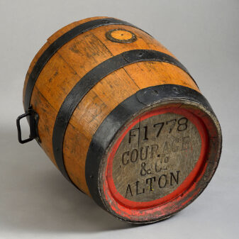 Late 19th century iron coopered oak barrel log bin