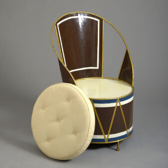 Pair of mid-century tole bistro drum armchairs