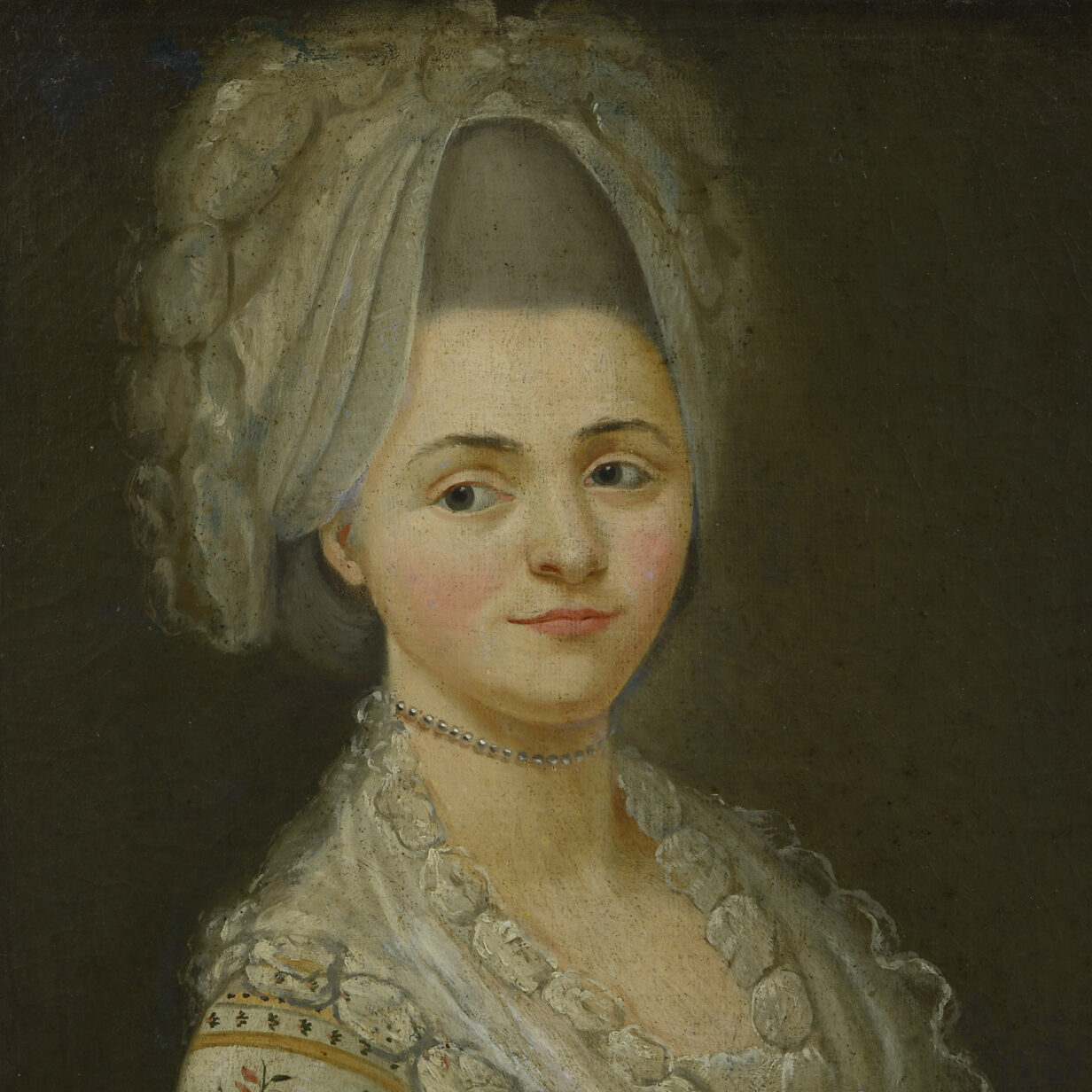 18th century portrait depicting a young lady in a floral dress