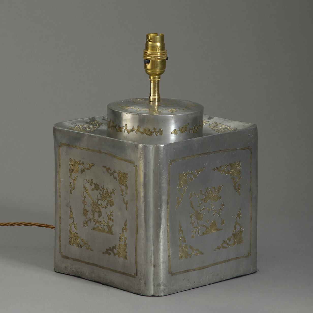 A Polished Brass Inlaid Pewter Tea Canister Lamp