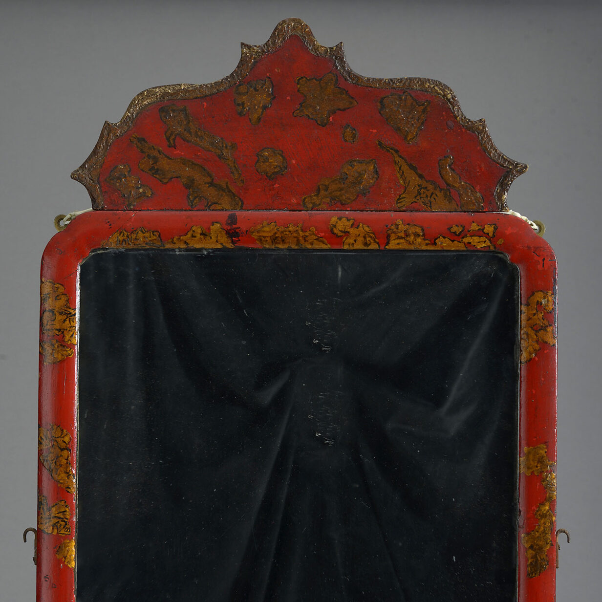 18th Century Red Japanned Mirror With Shaped Cresting