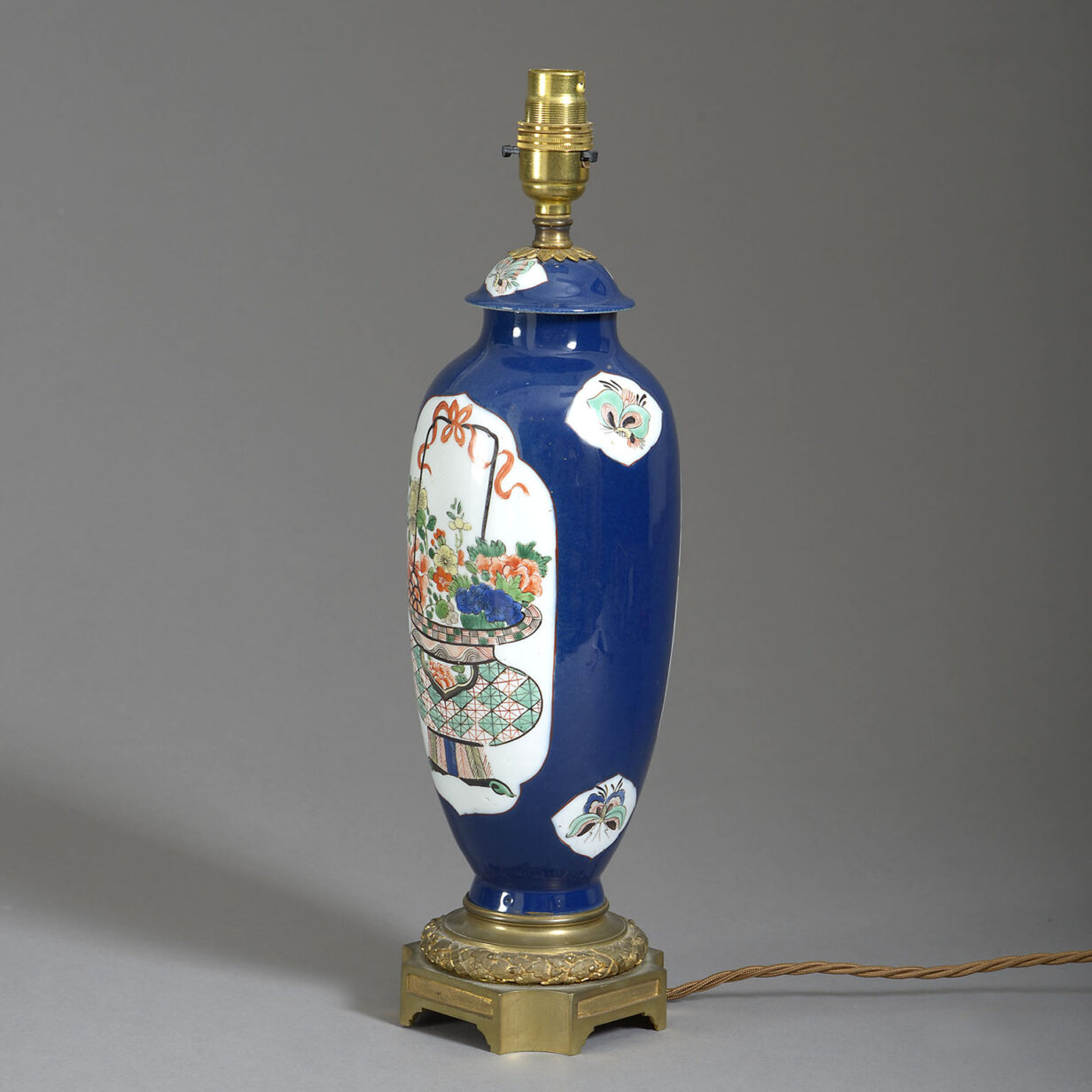 19th Century Blue Ground Famille Verte Chinese Export Porcelain Vase Lamp