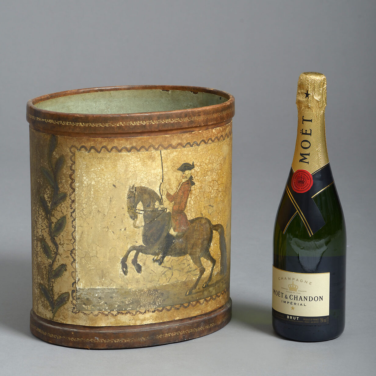 Oval Leather Waste Paper Basket with Equestrian Scene