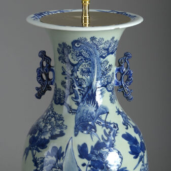 Tall celadon and blue glazed porcelain vase lamp