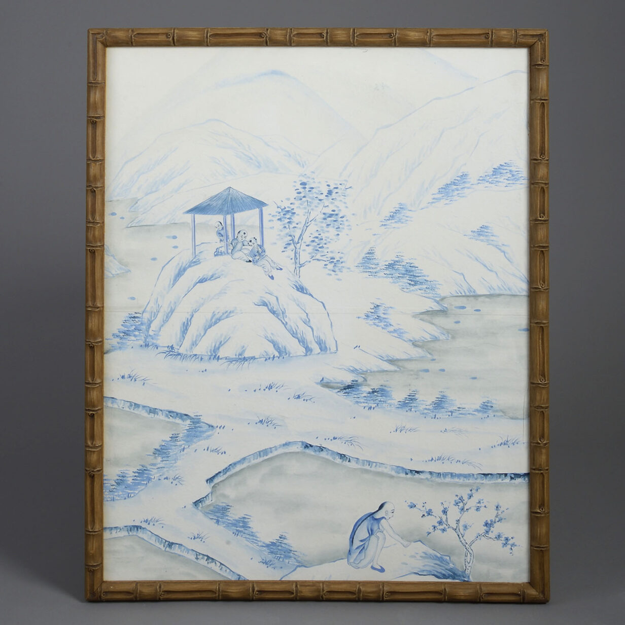 Four blue and white watercolour landscape chinese export wallpaper panels