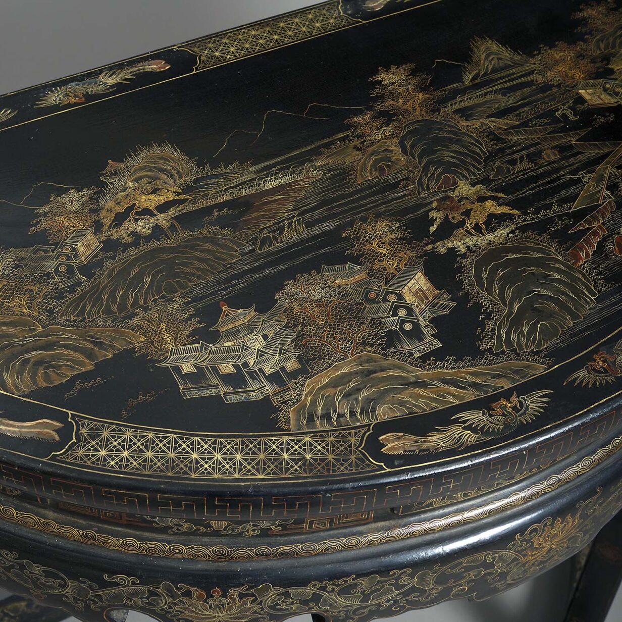 19th century black lacquer demi-lune console table