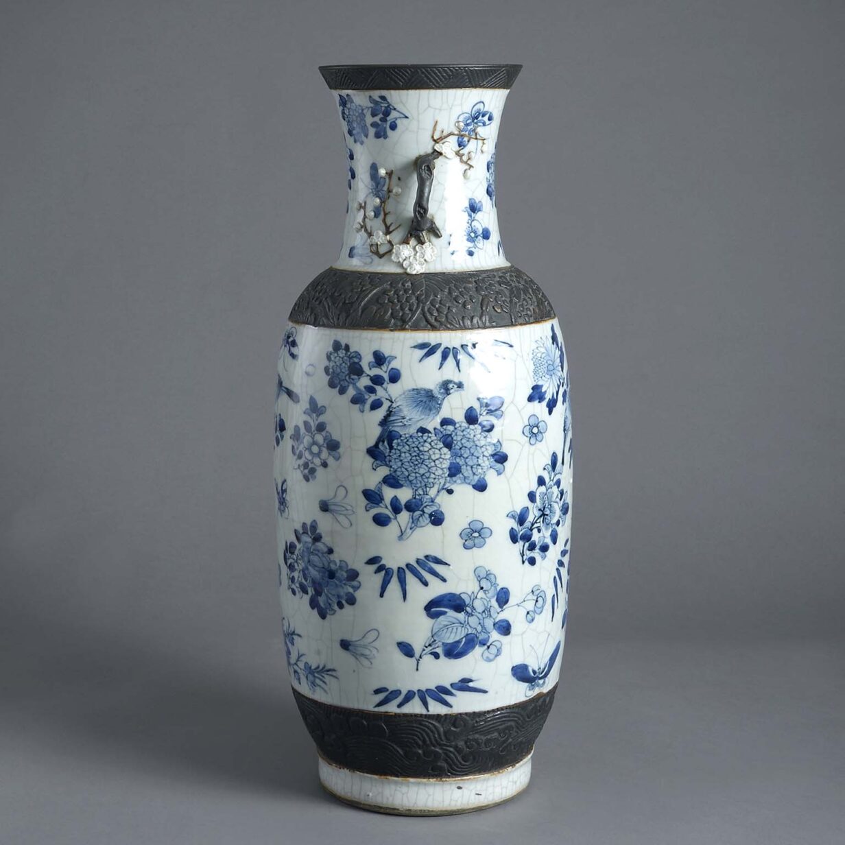 Tall 19th century blue and white crackle glazed vase