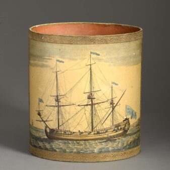 Mid-20th century waste paper basket with engraved warship