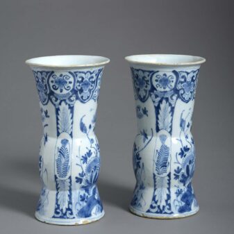 Pair of 18th century blue and white glazed delft pottery beaker vases