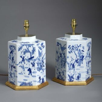 Pair of blue and white canister lamps