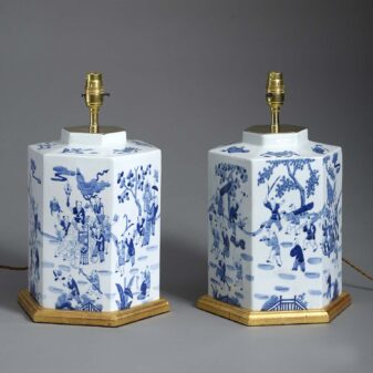 Pair of 20th century blue and white porcelain tea canister lamps