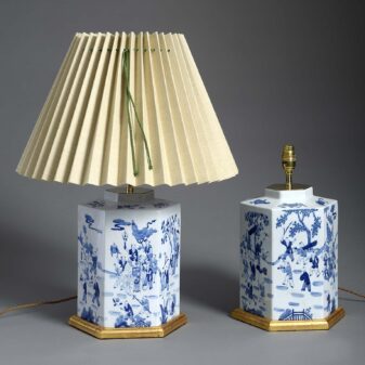 Pair of Blue and White Canister Lamps