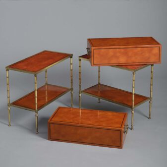 Pair of 20th century metamorphic lacquer & brass end tables