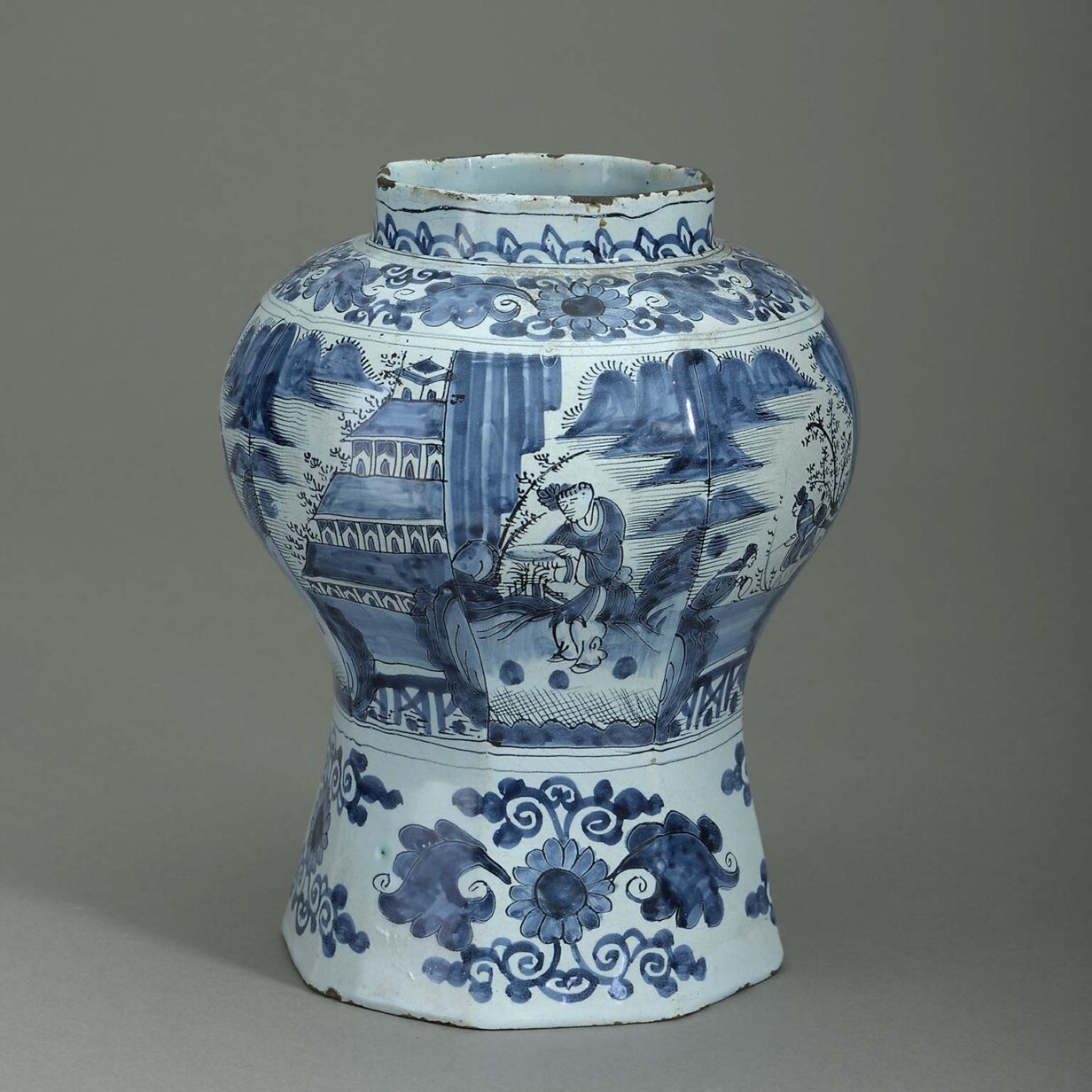 18th century blue and white glazed delft pottery vase