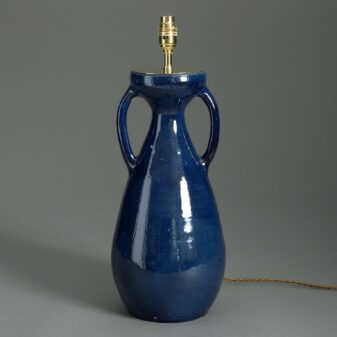Blue glazed two-handled pottery vase lamp