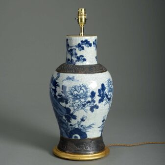 19th century blue and white crackleware vase lamp