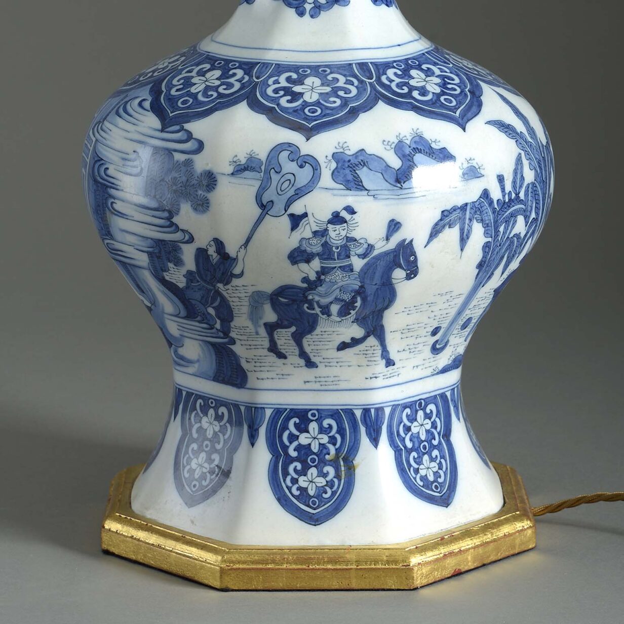 Large 19th century blue and white glazed delft pottery vase table lamp