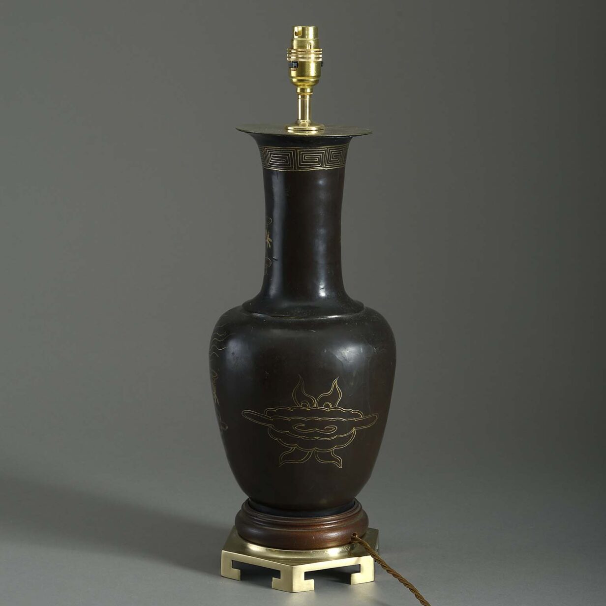 Late 19th century black lacquer vase table lamp