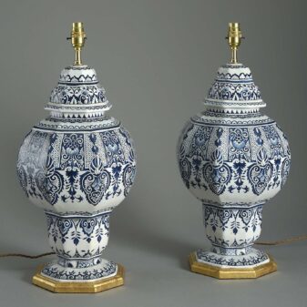 Pair of blue and white faience vase lamps