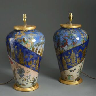 Large pair or 19th century decalcomania vase table lamps