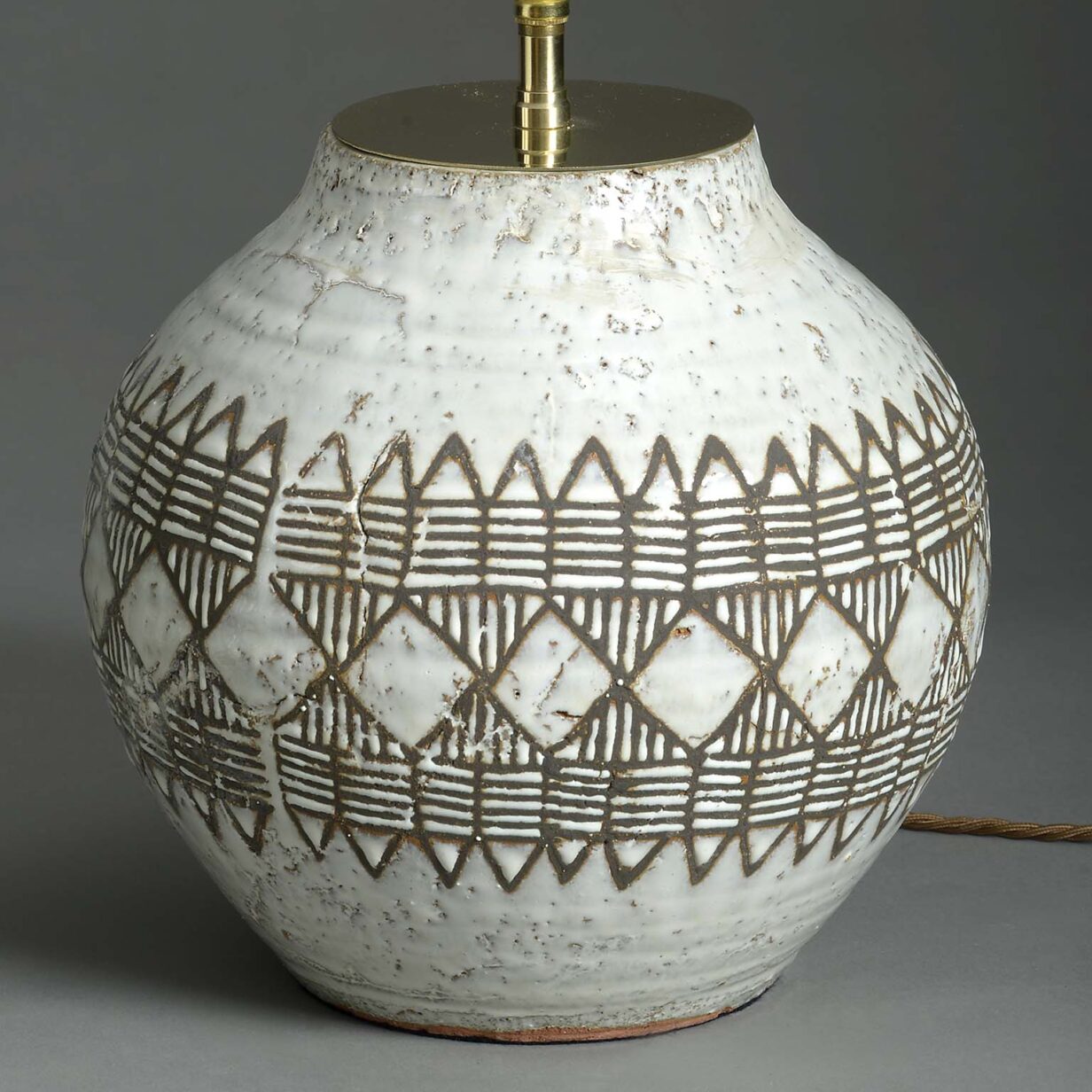 Pair of white glazed incised bulbous jar lamps