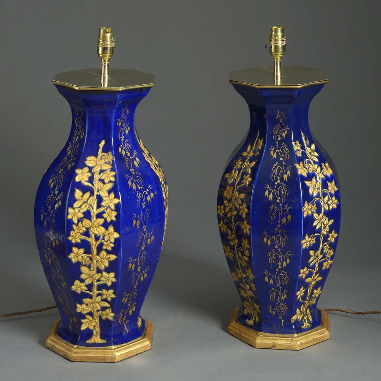 Pair of blue and yellow glazed vase lamps
