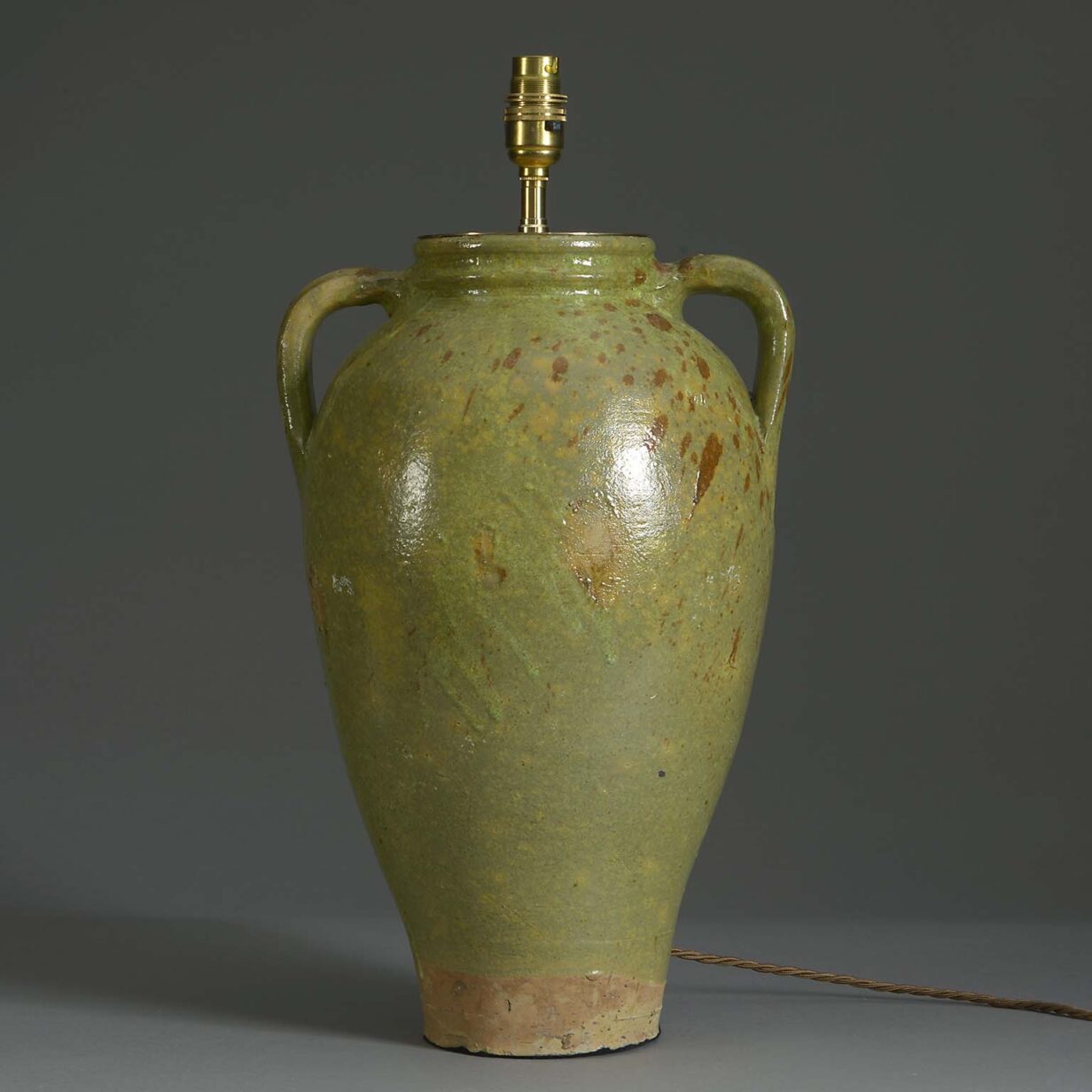 19th century olive green glazed pottery vase lamp