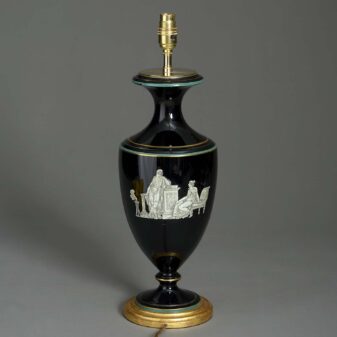 Late 19th century black opaline glass vase lamp