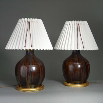 Pair of chocolate glazed vase lamps