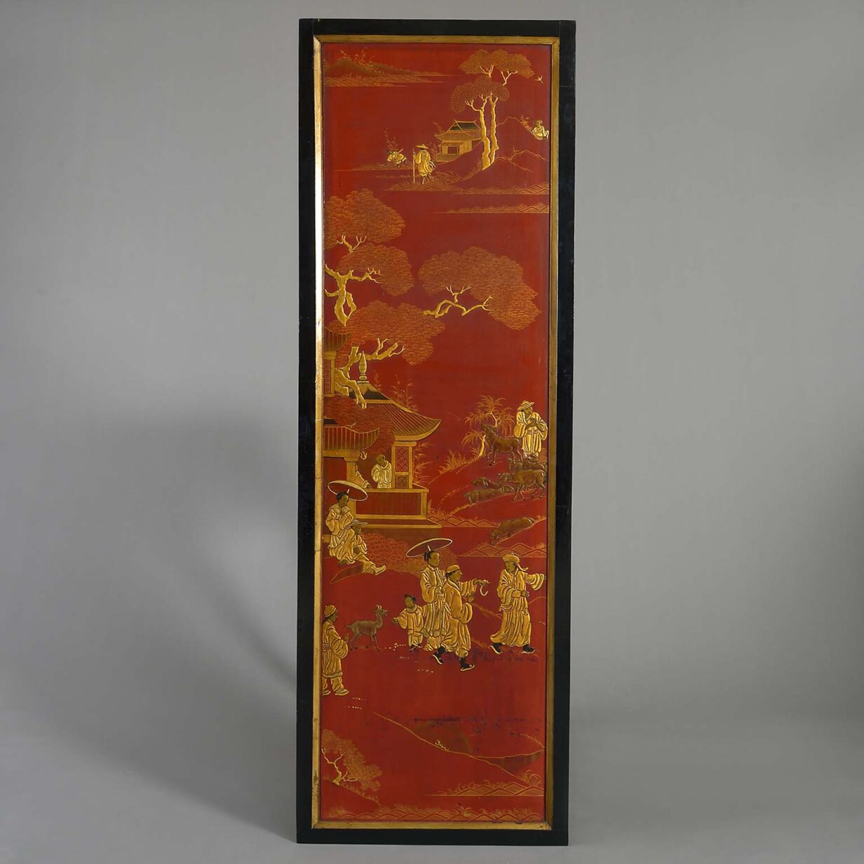 Four red lacquer chinoiserie panels