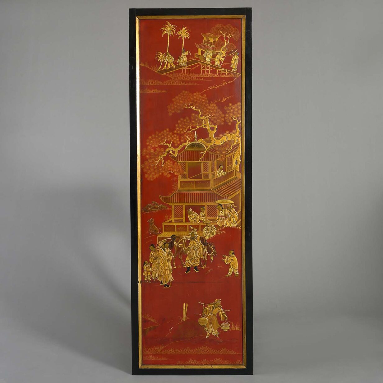Four red lacquer chinoiserie panels