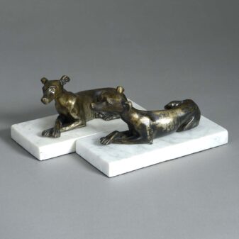 Pair of bronze whippets on marble plinths