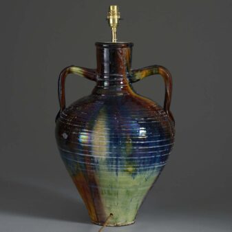 Large 20th century polychrome glazed pottery jar lamp