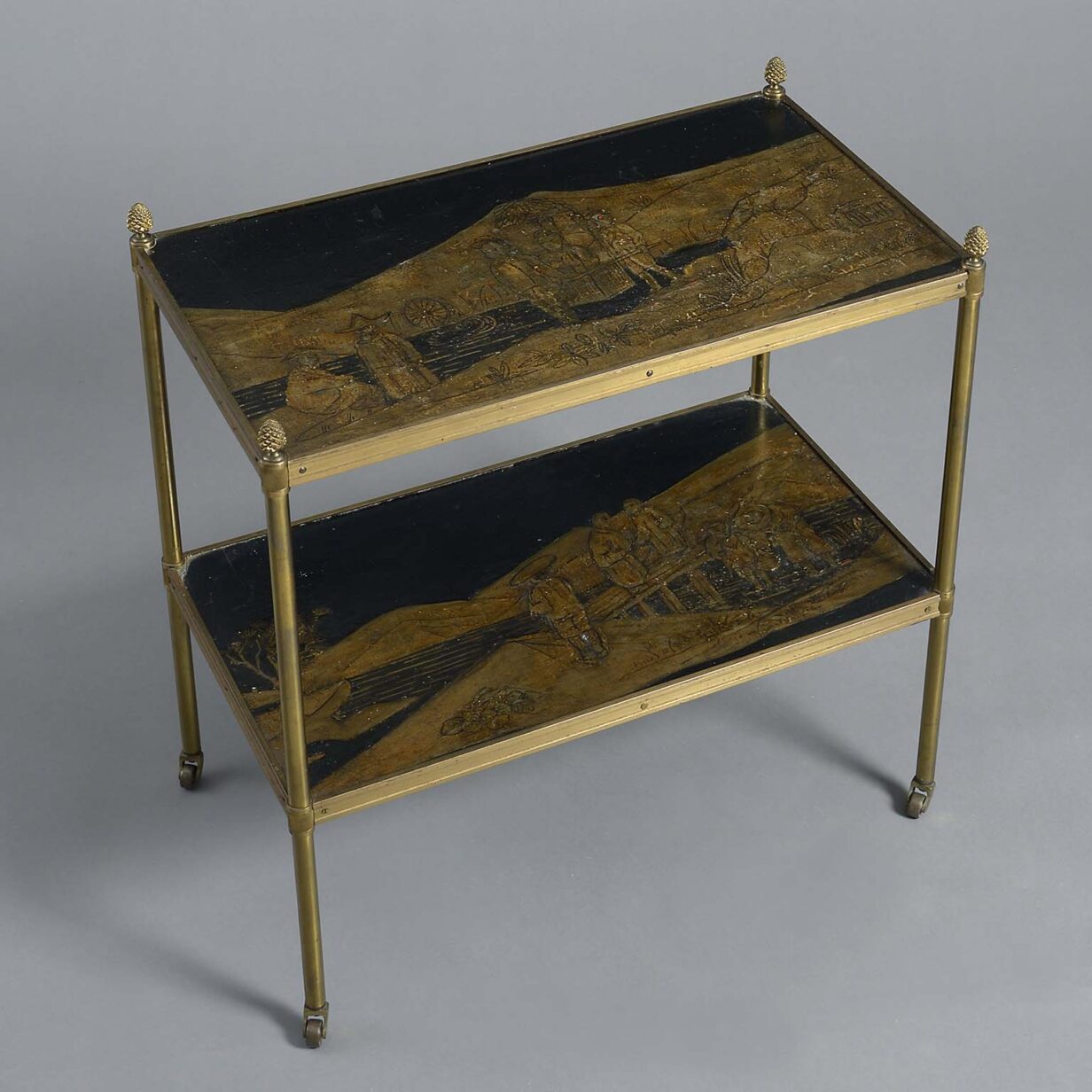 Pair of 20th century maison jansen two tier brass and lacquer tables