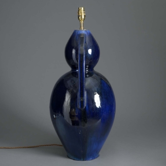 Tall 20th century two-handled blue glazed vase lamp 3 Tall 20th century two-handled blue glazed vase lamp