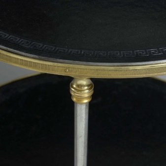 Mid-20th century black leather and brass two tier table